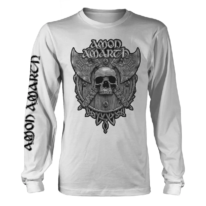 Amon Amarth Unisex Long Sleeved T-shirt: Grey Skull (White - Back Print) Satin Blend Silk Blend Wool Blend Amon Amarth Unisex Long Sleeved T-shirt: Grey Skull (White - Back Print) Satin Blend Silk Blend Wool Blend