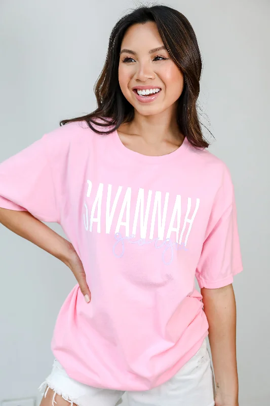 Pink Savannah Georgia Script Tee Asymmetrical Pockets Print