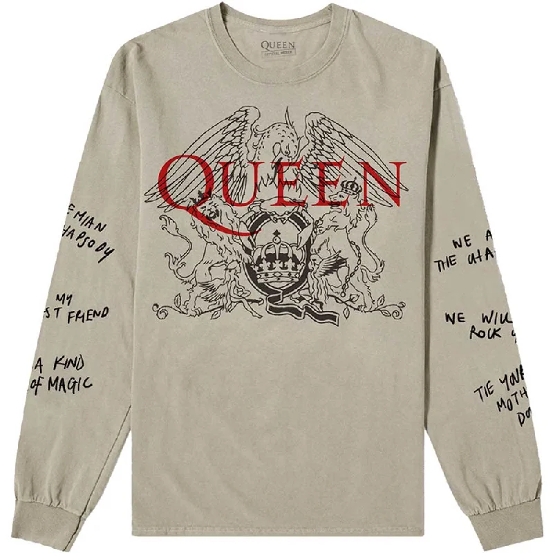 Queen Unisex Long Sleeve T-Shirt: Handwritten (Sleeve Print) Asymmetrical Pockets Print Queen Unisex Long Sleeve T-Shirt: Handwritten (Sleeve Print) Asymmetrical Pockets Print