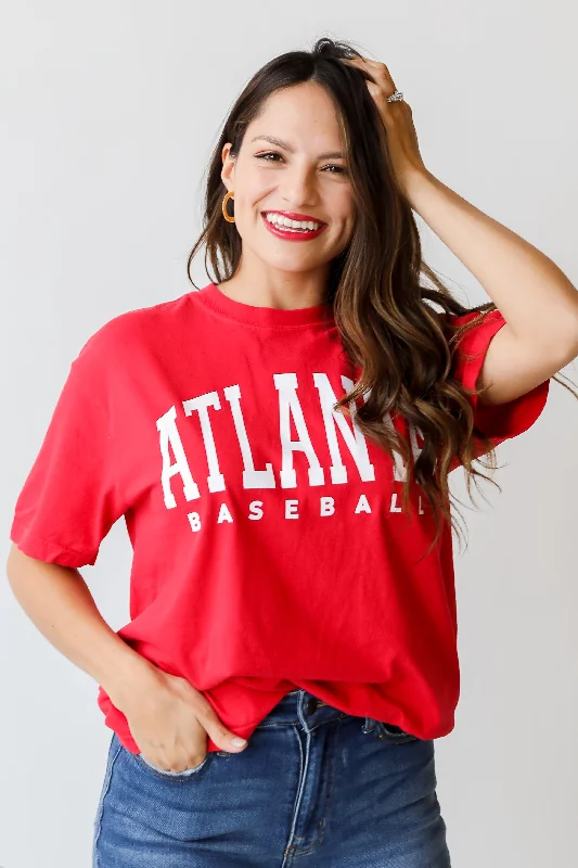 Red Atlanta Baseball Graphic Tee Satin Fabric Silk Fabric Chiffon Fabric