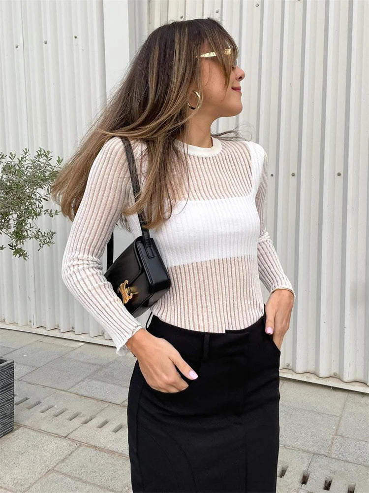 Ribbed Knit Long Sleeve White See-through Knit Rib Casual Spring Skinny T-shirt Knit Fabric Woven Fabric Fleece Fabric Ribbed Knit Long Sleeve White See-through Knit Rib Casual Spring Skinny T-shirt Knit Fabric Woven Fabric Fleece Fabric