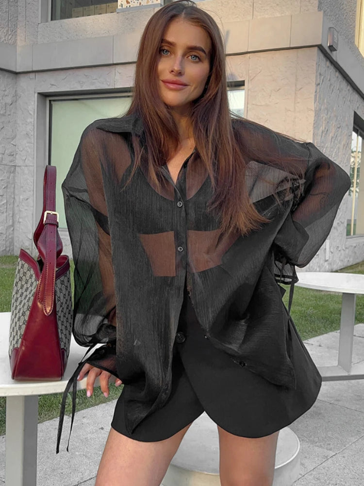 See Through Mesh Fashion Lace Up Long Sleeve Black Loose Casual T-shirt Sequined Glittery Shiny See Through Mesh Fashion Lace Up Long Sleeve Black Loose Casual T-shirt Sequined Glittery Shiny
