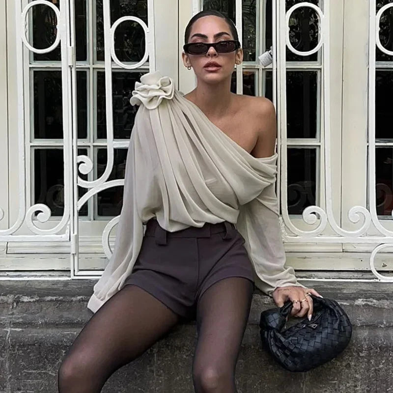 Splice Flower Winter Fashion Folds Off Shoulders Street Temperament T-shirt Elasticated Padded Insulated Splice Flower Winter Fashion Folds Off Shoulders Street Temperament T-shirt Elasticated Padded Insulated