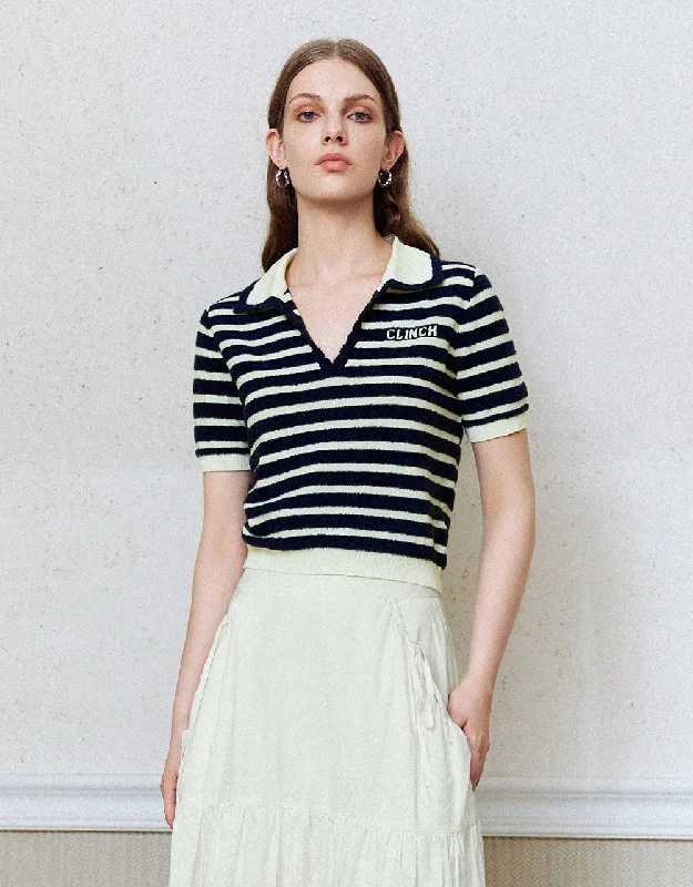 Striped Knitted T-Shirt Front Pockets Side Pockets Patch Pockets