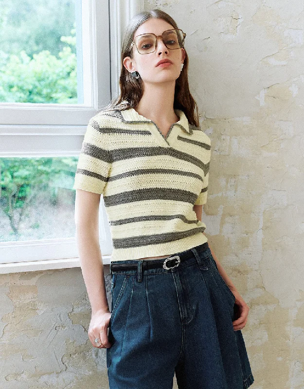 Striped Knitted T-Shirt Cotton Fabric Linen Fabric Terry Fabric