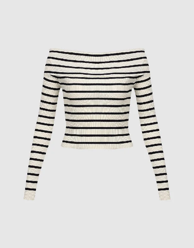 Striped Off-Shoulder Knitted T-Shirt Graphic Embroidered Appliqued