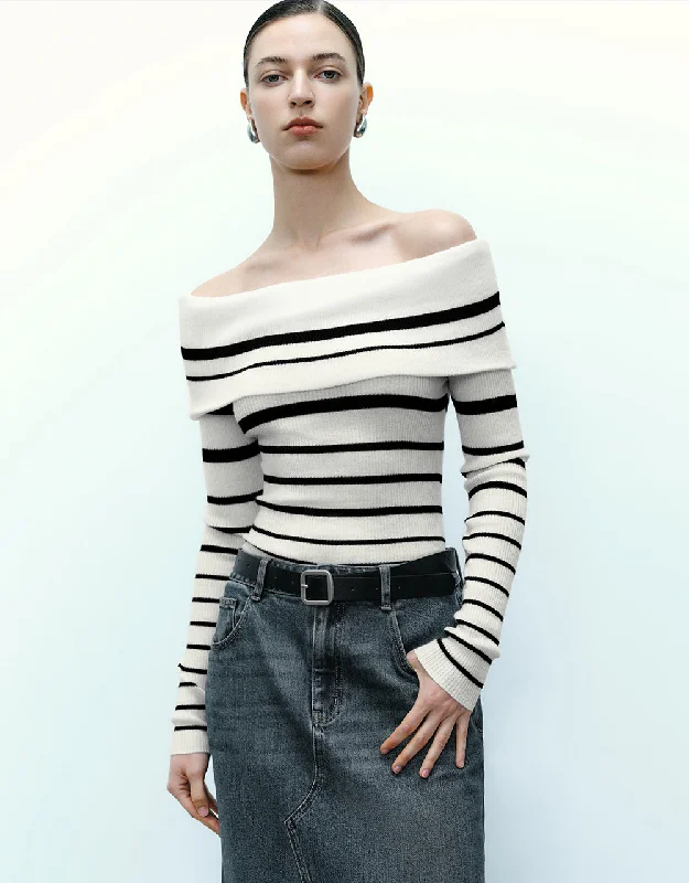 Striped Off-Shoulder Skinny Knitted T-Shirt Denim Fabric Leather Fabric Suede Fabric