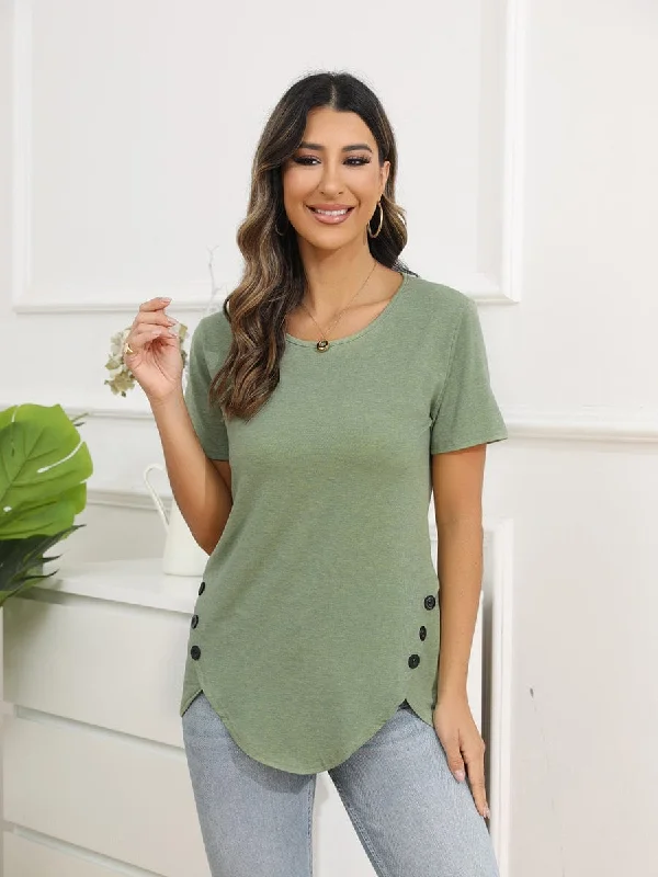 Irregular Button Short Sleeve Round Neck T-Shirt Seamless Knitted Crochet