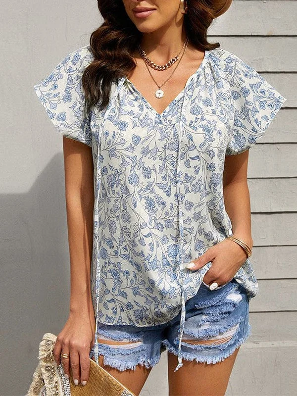 Print V-Neck Double Layer Ruffle Sleeve Loose T-Shirt Notch Collar Peter Pan Collar Cowl Neck Print V-Neck Double Layer Ruffle Sleeve Loose T-Shirt Notch Collar Peter Pan Collar Cowl Neck