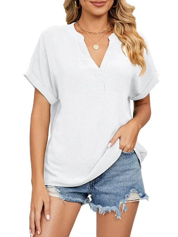 Solid Color V-Neck Loose Short Sleeve Chiffon T-Shirt Casual Formal Business