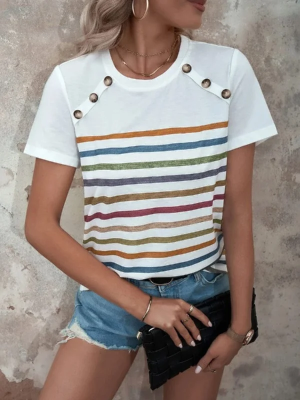 Stripe Stitching Button Print Casual Short Sleeve T-Shirt Denim Fabric Leather Fabric Suede Fabric Stripe Stitching Button Print Casual Short Sleeve T-Shirt Denim Fabric Leather Fabric Suede Fabric