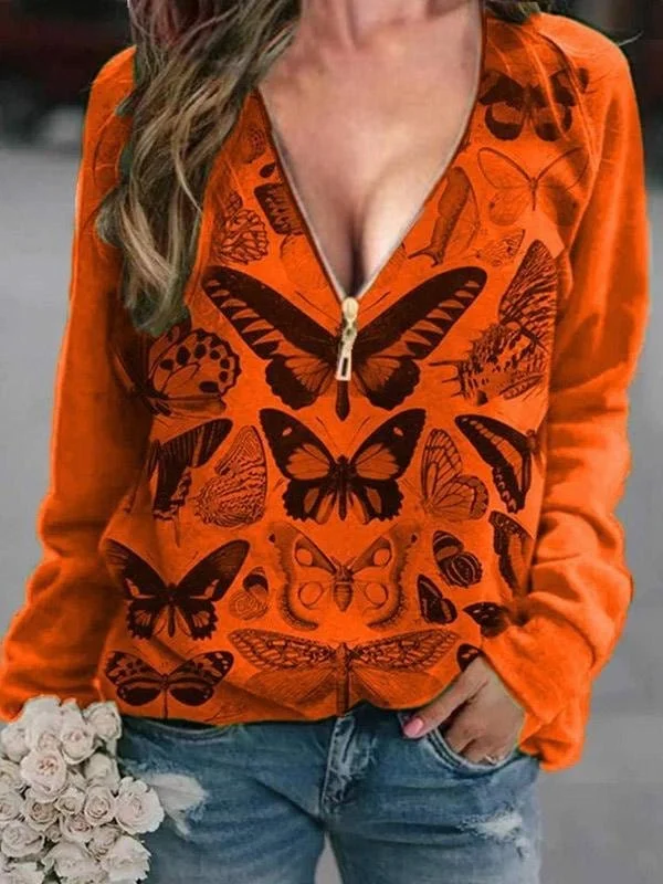 V-Neck Butterfly Print Zipper T-Shirt with Long Sleeves Mesh Fabric Canvas Fabric Denim Fabric V-Neck Butterfly Print Zipper T-Shirt with Long Sleeves Mesh Fabric Canvas Fabric Denim Fabric