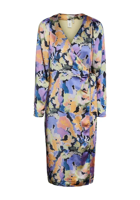 Y.A.S Watercolour Inspired Satin Wrap Midi Dress, Multi Chic Off-Shoulder Midi Dress Y.A.S Watercolour Inspired Satin Wrap Midi Dress, Multi Chic Off-Shoulder Midi Dress