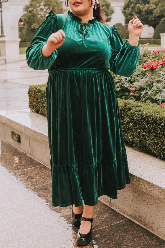 Blackish Green Velvet Frilled up Neck Ruffled High Waist Plus Size Midi Dress Cozy Wide Strap Midi Dress Blackish Green Velvet Frilled up Neck Ruffled High Waist Plus Size Midi Dress Cozy Wide Strap Midi Dress