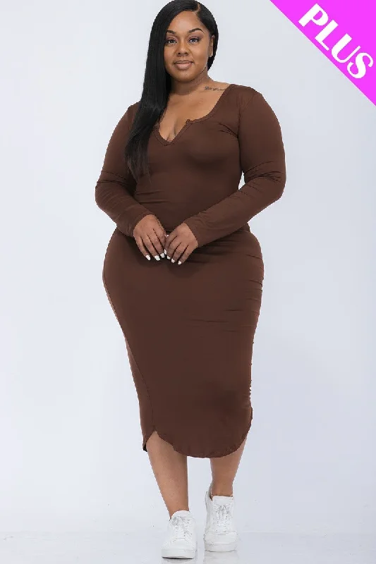Plus Size Split Neck Long Sleeve Midi Dress Trendy Bodycon Midi Dress