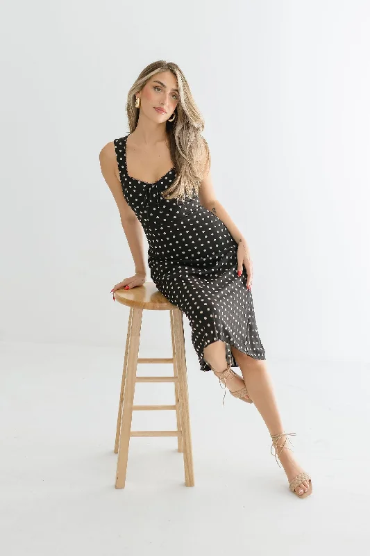 Ellen Sleeveless Bustier Polka Dot Print Midi Dress Black Stylish Cold Shoulder Midi Dress Ellen Sleeveless Bustier Polka Dot Print Midi Dress Black Stylish Cold Shoulder Midi Dress