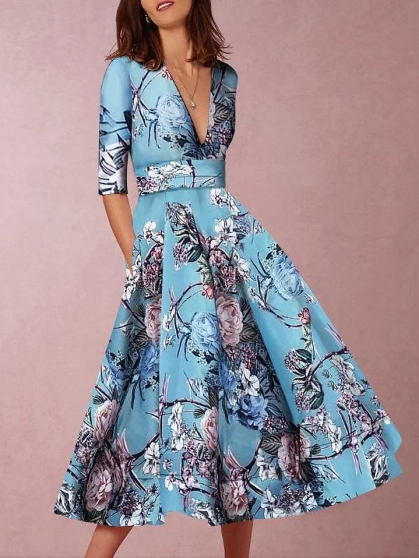 Floral Print V Neck Pleated Midi Dress Trendy Off-Shoulder Ruffle Midi Dress