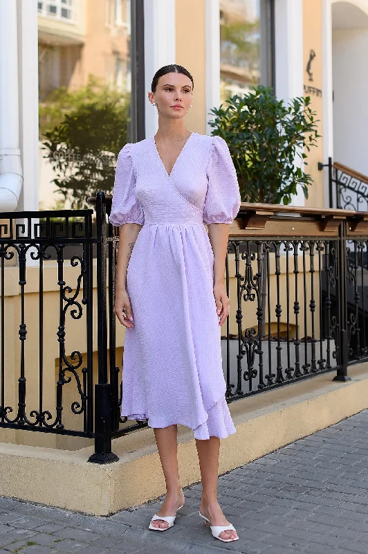 Lavender V-Neck Puff-Sleeve Midi Dress Stylish Animal Print Midi Dress