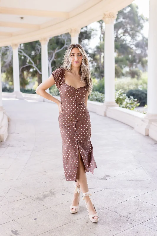 Lydia Short Sleeve Button Down Polka Dot Print Midi Dress Brown Trendy Mock Neck Midi Dress Lydia Short Sleeve Button Down Polka Dot Print Midi Dress Brown Trendy Mock Neck Midi Dress