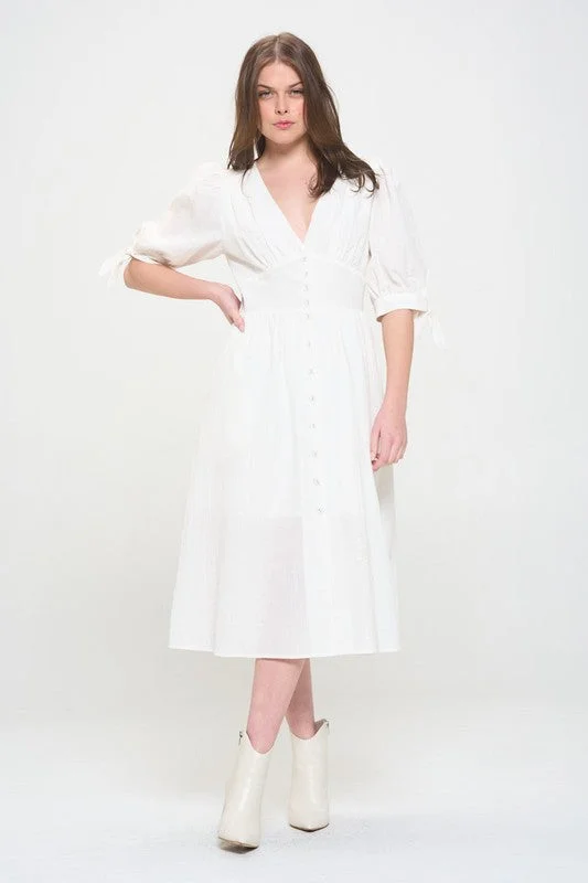 Puff Sleeve Button Down Midi Dress - Black, Off White - Plus Size Trendy Boho Midi Dress Puff Sleeve Button Down Midi Dress - Black, Off White - Plus Size Trendy Boho Midi Dress