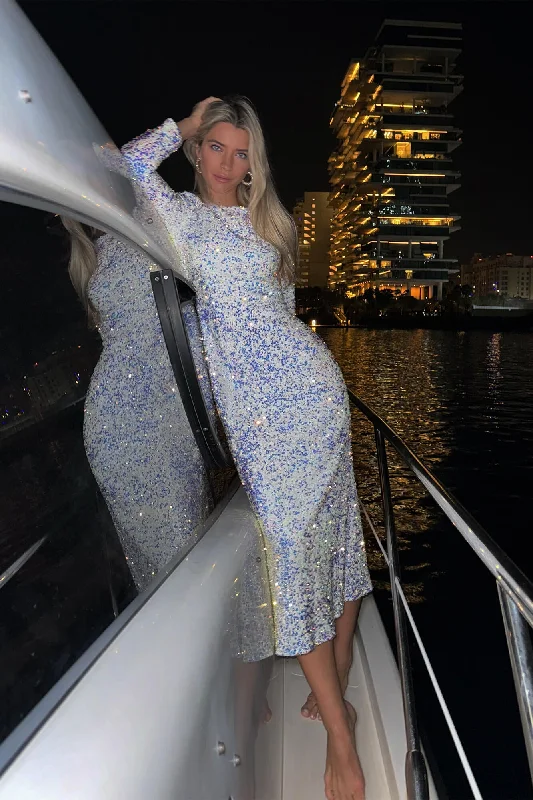 Sequin Decorated Velvet Long Sleeve Midi Dress Elegant Maxi-Midi Hybrid Dress