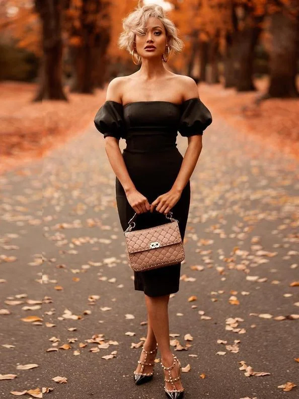 Sexy Off-Shoulder Lantern Sleeve Black Bodycon Midi Dress Trendy Smocked Detail Midi Dress Sexy Off-Shoulder Lantern Sleeve Black Bodycon Midi Dress Trendy Smocked Detail Midi Dress