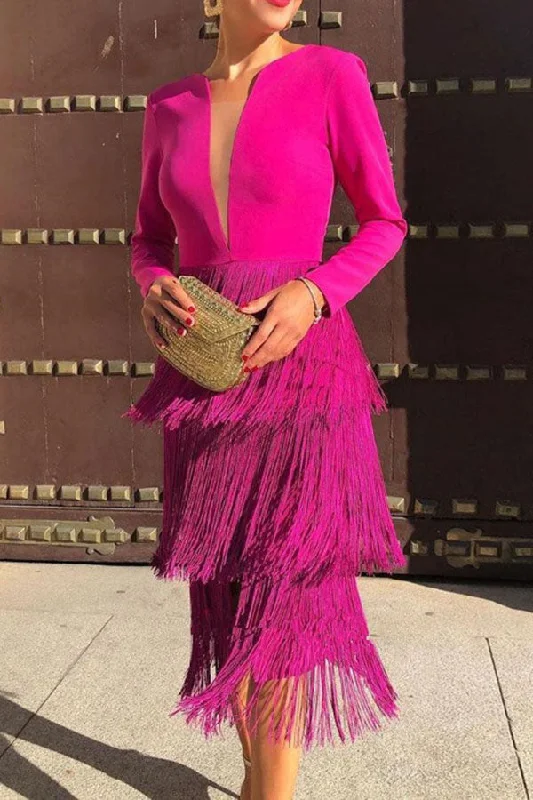 Solid Color Patchwork Whimsical Tassel Tiered Midi Dress Chic Off-Shoulder Midi Dress Solid Color Patchwork Whimsical Tassel Tiered Midi Dress Chic Off-Shoulder Midi Dress