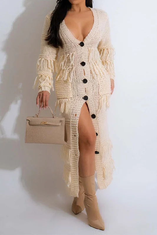 Tassel Patchwork Elegant Single Breasted Knitted Midi Dress Cozy Wide Strap Midi Dress Tassel Patchwork Elegant Single Breasted Knitted Midi Dress Cozy Wide Strap Midi Dress