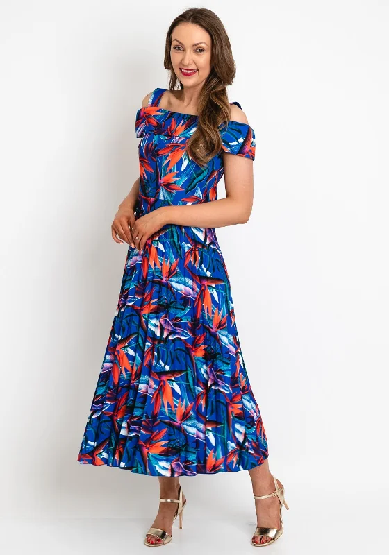 Coco Doll Floral Print Pleated Midi Dress, Royal Blue & Orange Stylish Button-Up Midi Dress Coco Doll Floral Print Pleated Midi Dress, Royal Blue & Orange Stylish Button-Up Midi Dress
