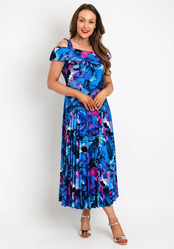 Coco Doll Floral Print Pleated Midi Dress, Royal Blue Multi Trendy Flared Sleeve Midi Dress Coco Doll Floral Print Pleated Midi Dress, Royal Blue Multi Trendy Flared Sleeve Midi Dress