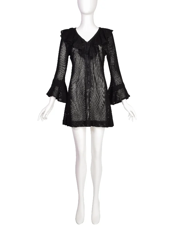 Paraphernalia Vintage Youthquake Black Open Knit Bell Sleeve Ruffle Mini Dress Stylish Short Sleeve Mini Dress