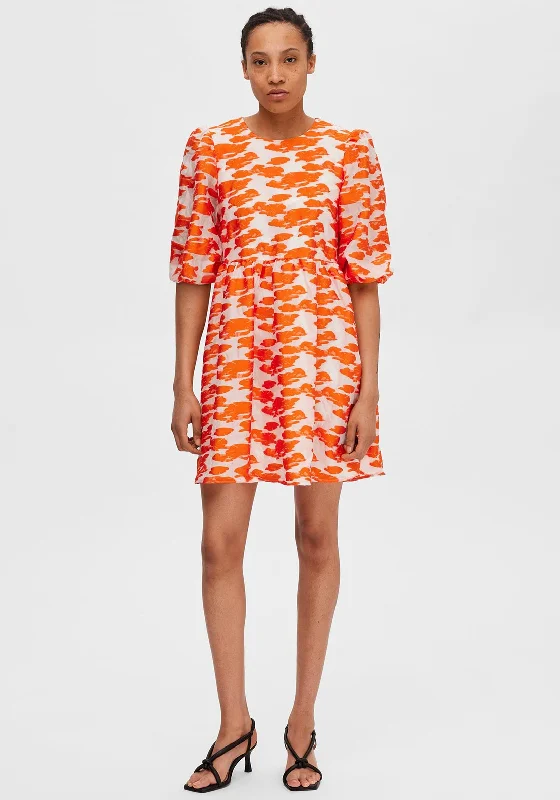 Selected Femme Abrielle Jacquard Mini Dress, Orangeade Elegant Mini Dress with Pleats