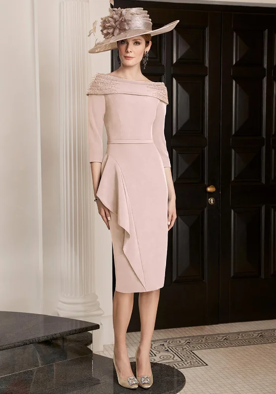 Veni Infantino Delicately Beaded Neckline Midi Dress, Almond Elegant Faux Wrap Midi Dress Veni Infantino Delicately Beaded Neckline Midi Dress, Almond Elegant Faux Wrap Midi Dress
