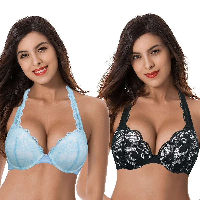 Women's Plus Size Add 1 and a half Cup Push Up Underwire Convertible Lace Bras Breathable Wireless Bra