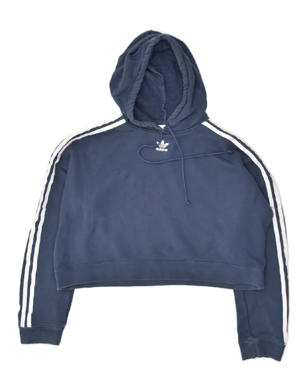 ADIDAS Womens Crop Hoodie Jumper UK 12 Medium Navy Blue Cotton Hoodie with Patch Decorative Personalized ADIDAS Womens Crop Hoodie Jumper UK 12 Medium Navy Blue Cotton Hoodie with Patch Decorative Personalized