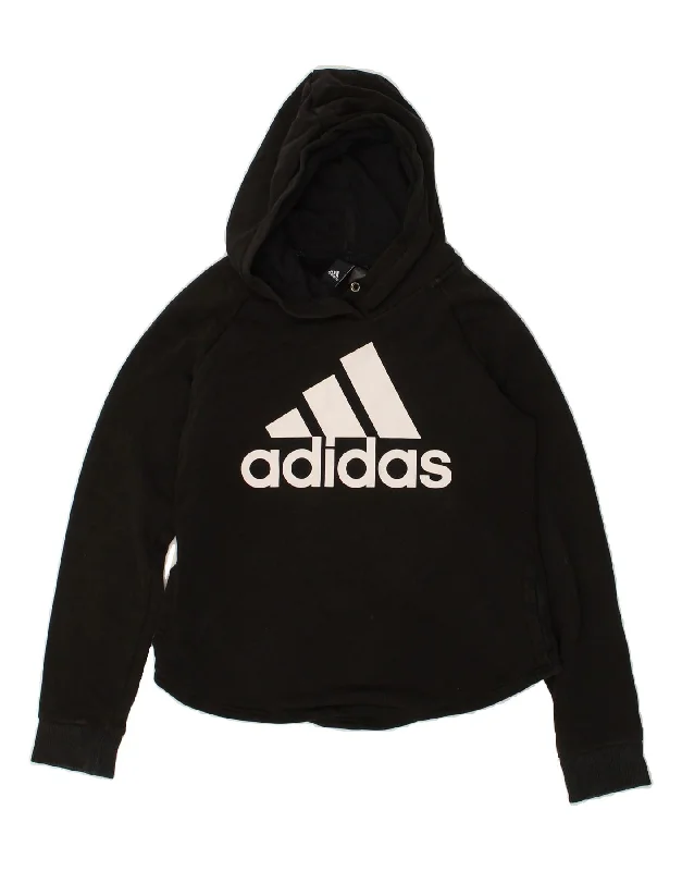 ADIDAS Womens Graphic Hoodie Jumper Size 8/10 Small Black Cotton Hoodie with Hem Frayed Vintage Worn ADIDAS Womens Graphic Hoodie Jumper Size 8/10 Small Black Cotton Hoodie with Hem Frayed Vintage Worn