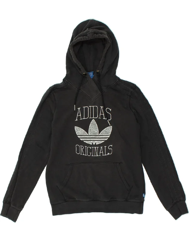 ADIDAS Womens Graphic Hoodie Jumper UK 12 Medium Black Cotton Hoodie with Applique Textured Unique ADIDAS Womens Graphic Hoodie Jumper UK 12 Medium Black Cotton Hoodie with Applique Textured Unique