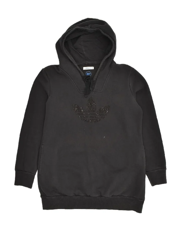 ADIDAS Womens Graphic Hoodie Jumper UK 14 Medium Black Cotton Hoodie with Hem Embroidery Detailed Premium ADIDAS Womens Graphic Hoodie Jumper UK 14 Medium Black Cotton Hoodie with Hem Embroidery Detailed Premium
