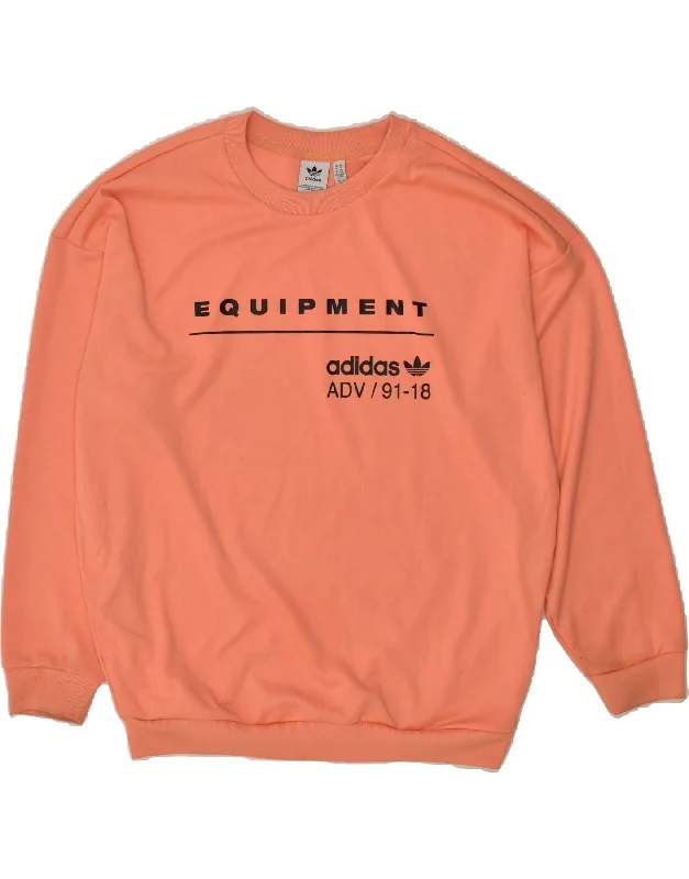 ADIDAS Womens Graphic Sweatshirt Jumper UK 14 Large Orange Polyester Hoodie with Hem Detail Decorative Unique ADIDAS Womens Graphic Sweatshirt Jumper UK 14 Large Orange Polyester Hoodie with Hem Detail Decorative Unique