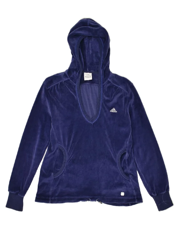 ADIDAS Womens Hoodie Jumper EU 38 Medium Blue Cotton Hoodie with Mock Neck Collared Structured ADIDAS Womens Hoodie Jumper EU 38 Medium Blue Cotton Hoodie with Mock Neck Collared Structured