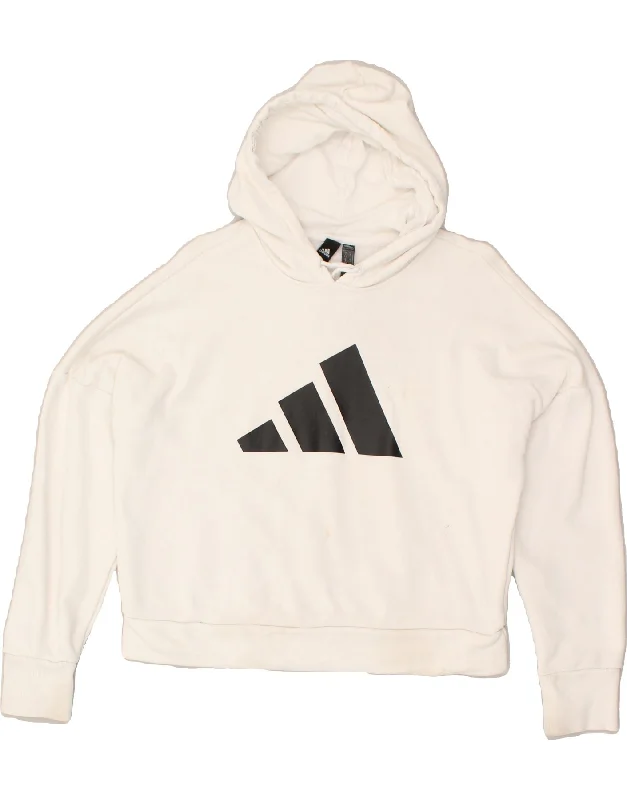 ADIDAS Womens Oversized Graphic Hoodie Jumper UK 8/10 Small White Cotton Hoodie with Emblem Brand Identity ADIDAS Womens Oversized Graphic Hoodie Jumper UK 8/10 Small White Cotton Hoodie with Emblem Brand Identity