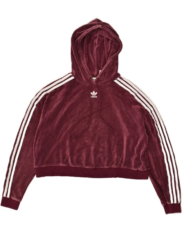 ADIDAS Womens Velour Hoodie Jumper UK 12 Medium Maroon Cotton Hoodie with Distressed Vintage Worn ADIDAS Womens Velour Hoodie Jumper UK 12 Medium Maroon Cotton Hoodie with Distressed Vintage Worn