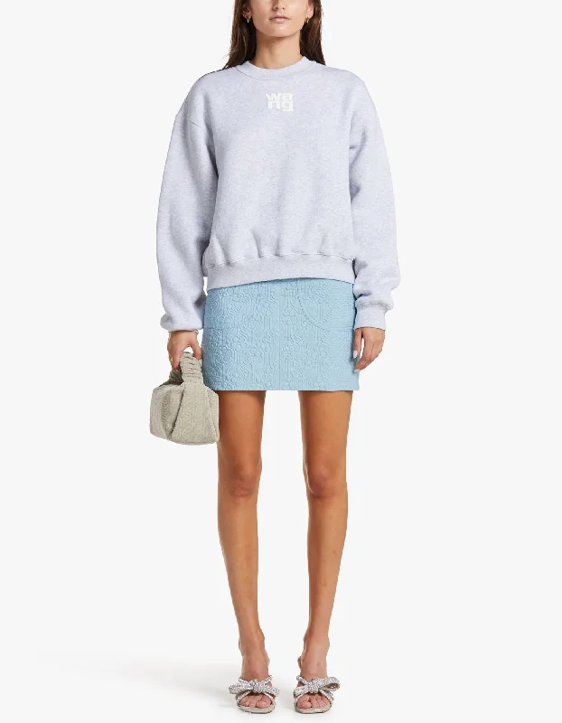 Essential Terry Crew Sweatshirt W/ Puff Paint Logo - Light Heather Grey Hoodie with Hem Drawcord Adjustable Customizable Essential Terry Crew Sweatshirt W/ Puff Paint Logo - Light Heather Grey Hoodie with Hem Drawcord Adjustable Customizable