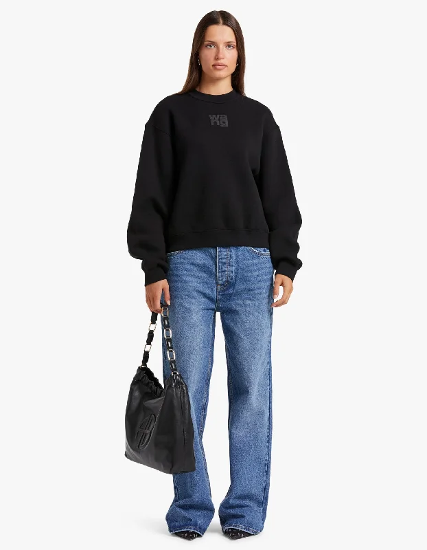 Essential Terry Crew Sweatshirt W/Puff Paint Logo - Black Hoodie with Hem Frayed Vintage Worn Essential Terry Crew Sweatshirt W/Puff Paint Logo - Black Hoodie with Hem Frayed Vintage Worn
