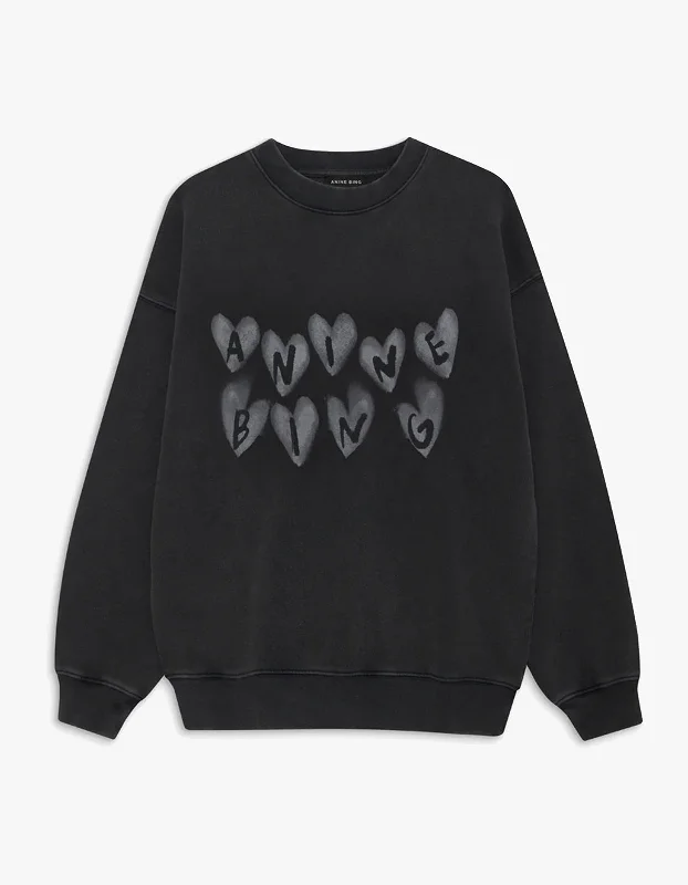Spencer Sweatshirt Hearts - Washed Black Hoodie with Hem Embroidery Detailed Premium Spencer Sweatshirt Hearts - Washed Black Hoodie with Hem Embroidery Detailed Premium