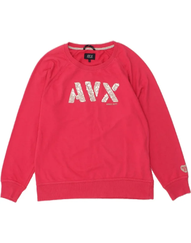 AVIREX Womens Graphic Sweatshirt Jumper UK 16 Large Pink Cotton Hoodie with Emblem Brand Identity AVIREX Womens Graphic Sweatshirt Jumper UK 16 Large Pink Cotton Hoodie with Emblem Brand Identity