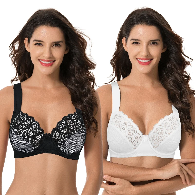 Women's Plus Size Unlined Underwire Lace Bra with Cushion Straps Seamless Bra Design