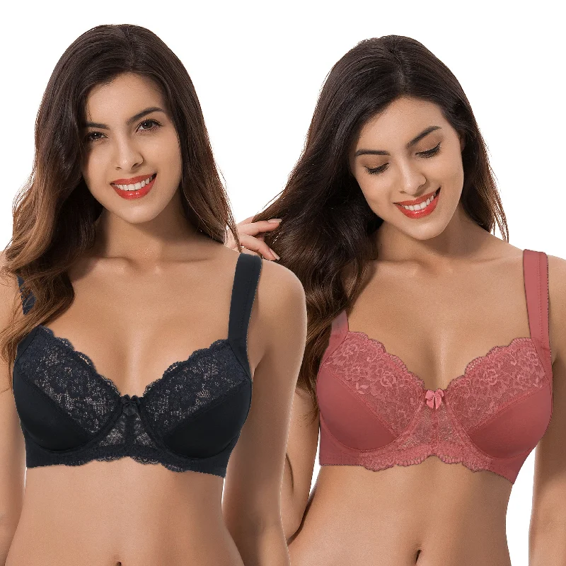 Women's Plus Size Unlined Underwire Lace Bra with Cushion Straps Seamless Wireless Bra