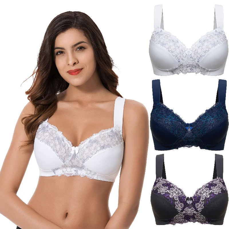 Plus Size Minimizer Unlined Wireless Bra with Lace Embroidery Push-Up Bra Set