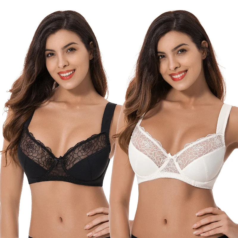 Women's Plus Size Minimizer Underwire Bra With Lace Embroidery Stretchy Full Coverage